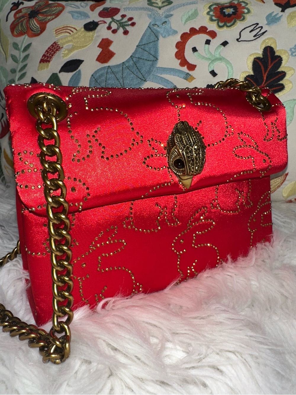 Kurt Geiger • Red Satin Kensington with Rabbit Print Glass Rhinestones Purse - Picture 3 of 17